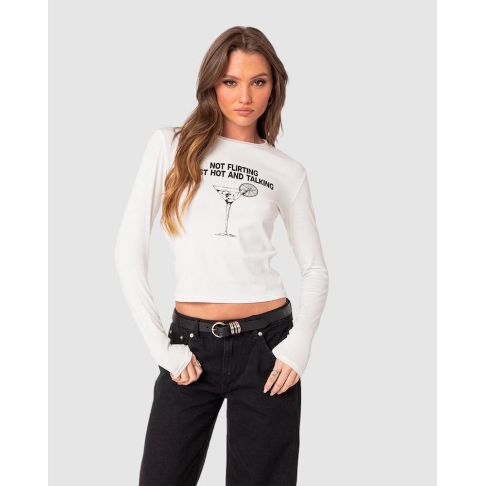 EDIKTED Womens Flirty Long Sleeves T Shirt CREAM - Cream - Size S